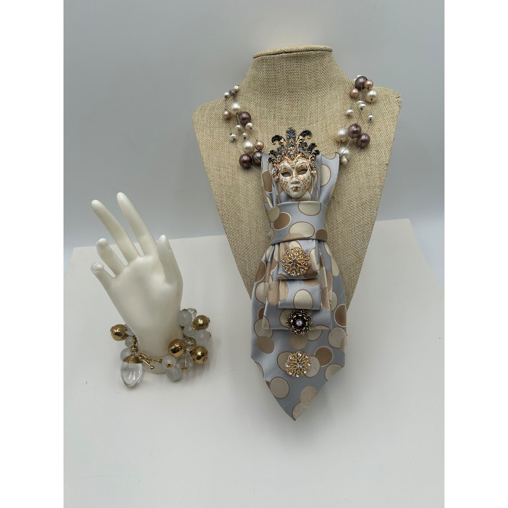 Geoffrey Beene Upcycled Silk Tie Masquerade Mask Necklace & Bracelet Set Gold - Picture 6 of 11